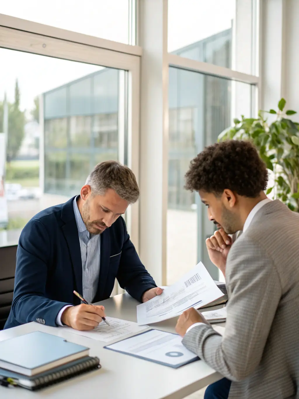 A professional photo of a financial advisor consulting with a small business owner, discussing loan options and growth strategies.